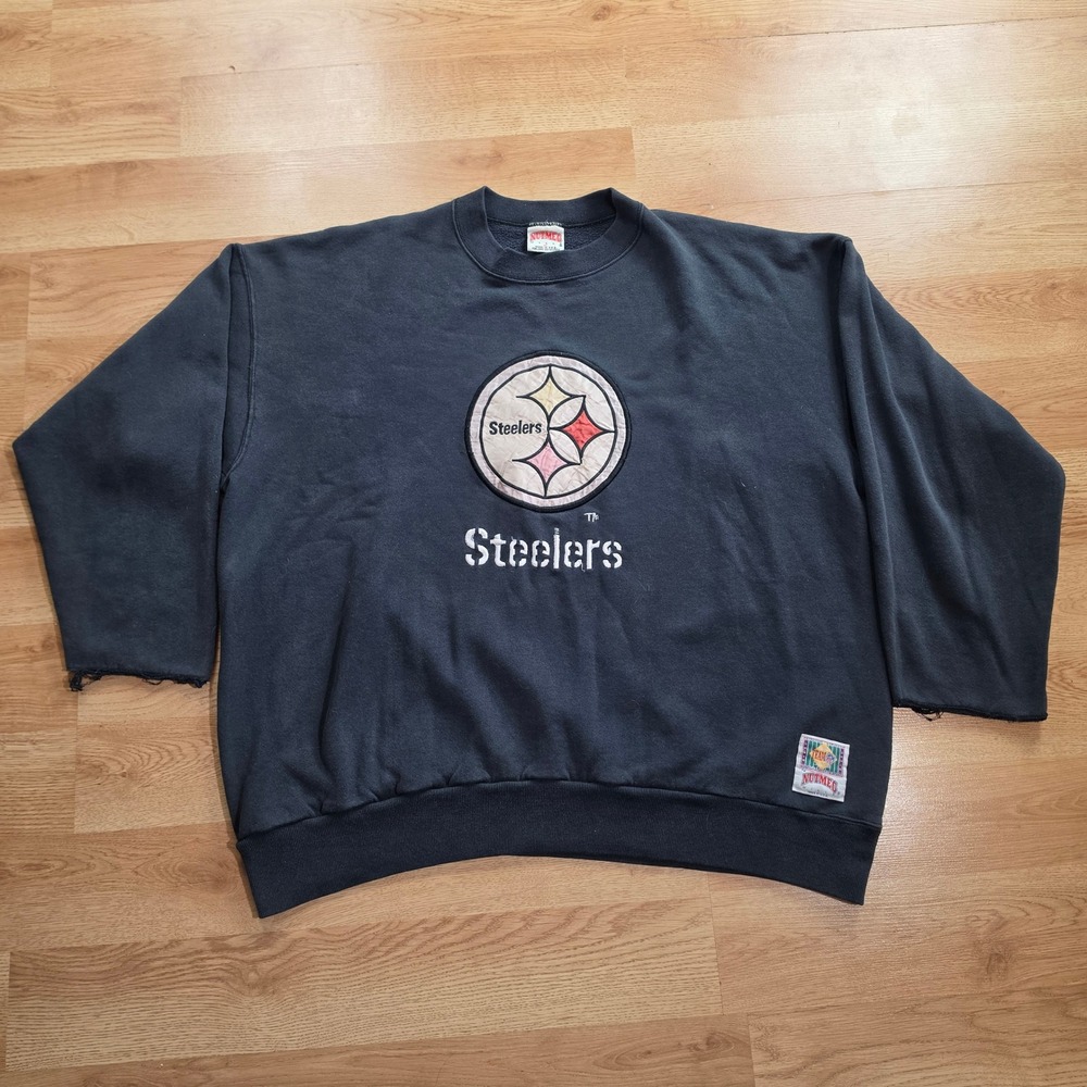 Vintage Pittsburgh Steelers Nutmeg Mills Sweatshirt Mens XL Black Cut-Off Sleeve